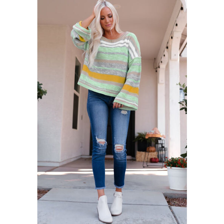 Striped Dropped Shoulder Flare Sleeve Sweater Clothing