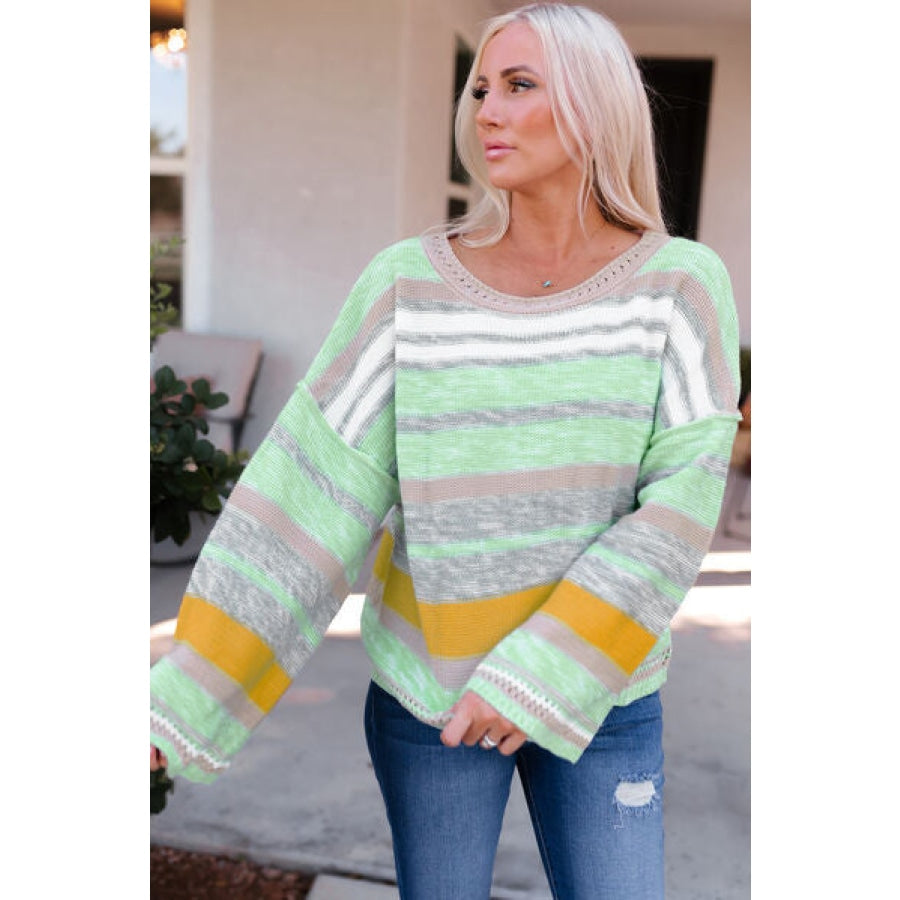 Striped Dropped Shoulder Flare Sleeve Sweater Clothing