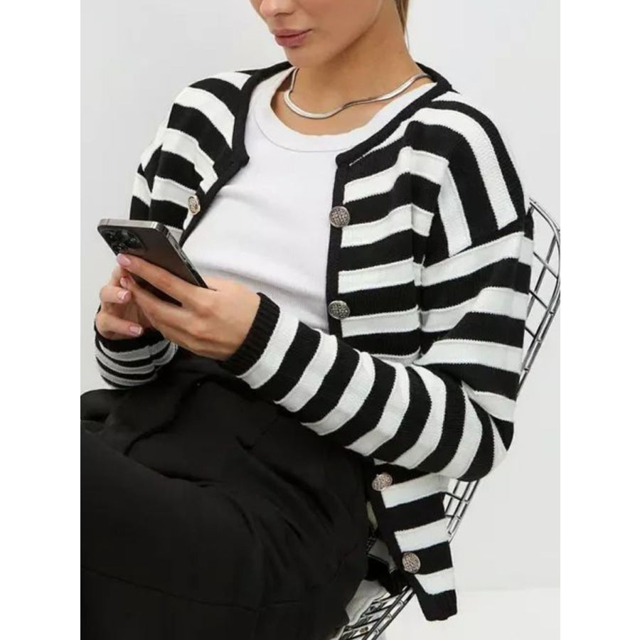 Striped Dropped Shoulder Long Sleeve Cardigan Apparel and Accessories