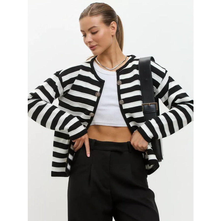 Striped Dropped Shoulder Long Sleeve Cardigan Black / S Apparel and Accessories