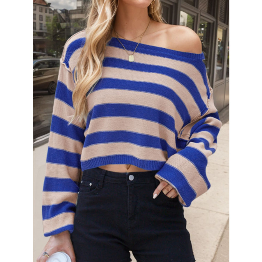 Striped Dropped Shoulder Long Sleeve Sweater Apparel and Accessories