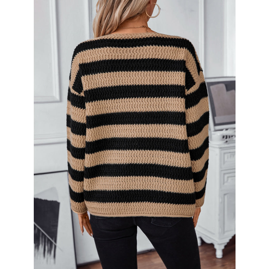 Striped Dropped Shoulder Long Sleeve Sweater Apparel and Accessories