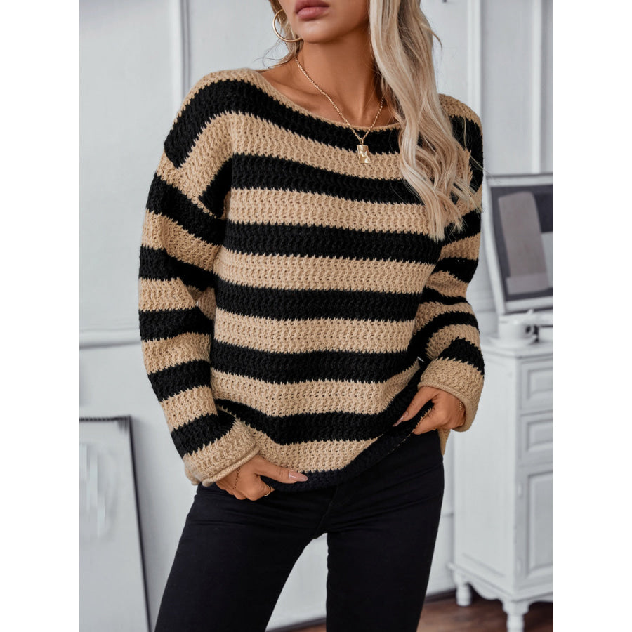 Striped Dropped Shoulder Long Sleeve Sweater Apparel and Accessories