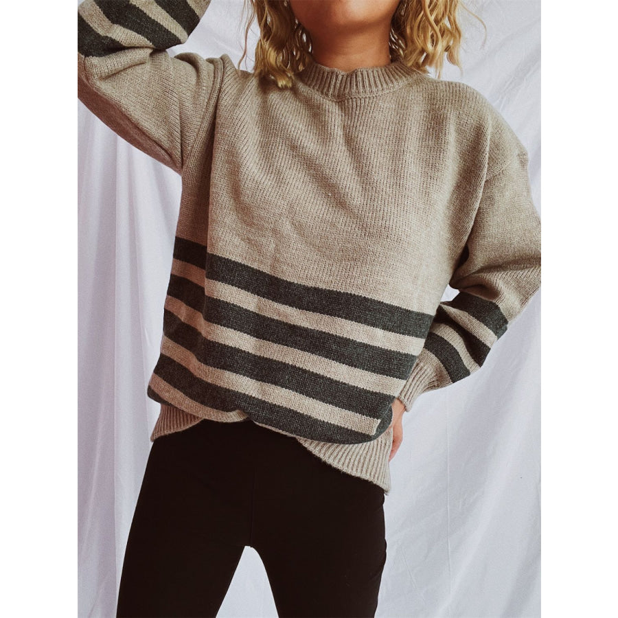 Striped Dropped Shoulder Long Sleeve Sweater Apparel and Accessories