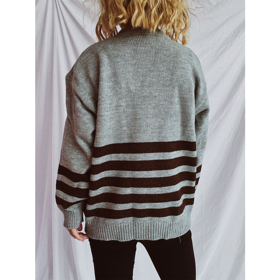 Striped Dropped Shoulder Long Sleeve Sweater Apparel and Accessories