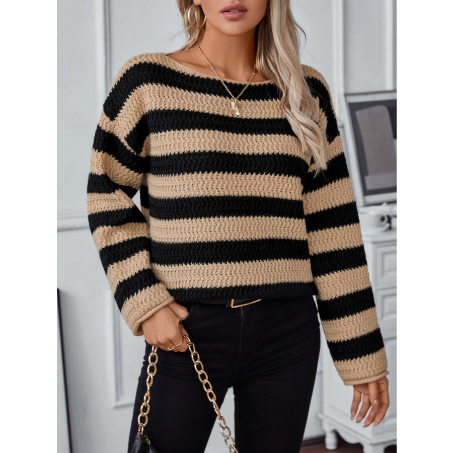 Striped Dropped Shoulder Long Sleeve Sweater Apparel and Accessories