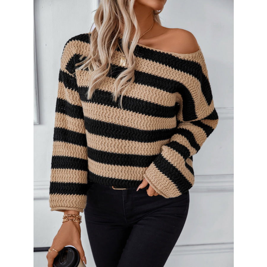 Striped Dropped Shoulder Long Sleeve Sweater Apparel and Accessories