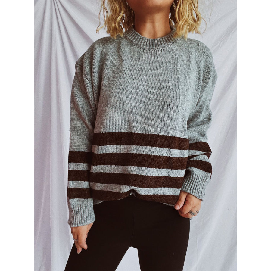 Striped Dropped Shoulder Long Sleeve Sweater Apparel and Accessories