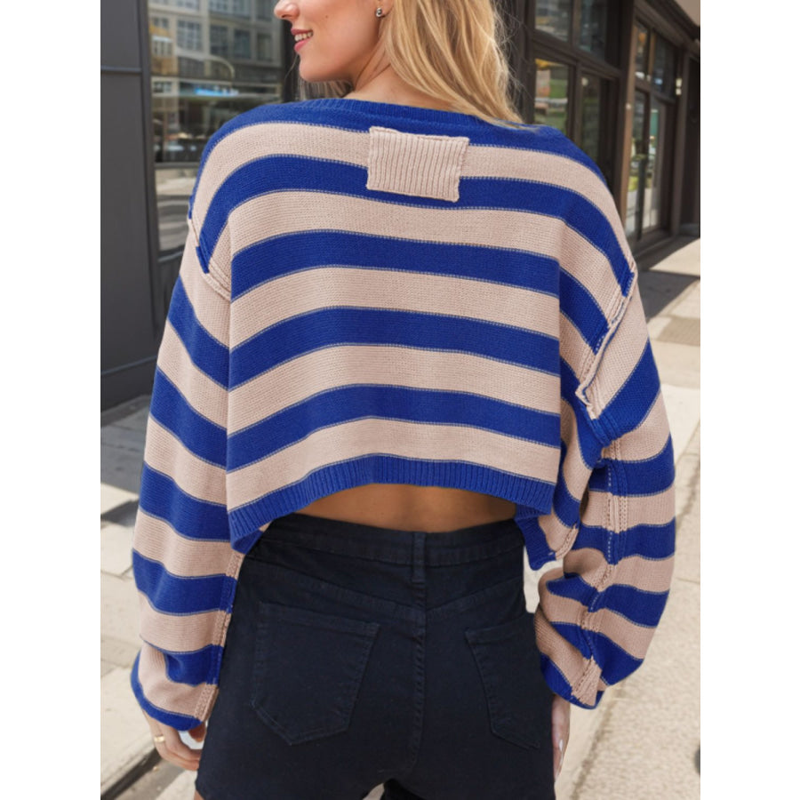 Striped Dropped Shoulder Long Sleeve Sweater Apparel and Accessories