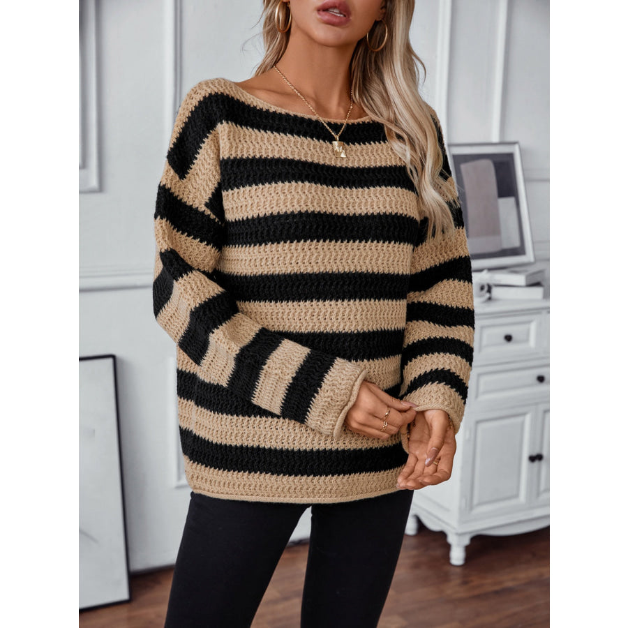 Striped Dropped Shoulder Long Sleeve Sweater Apparel and Accessories