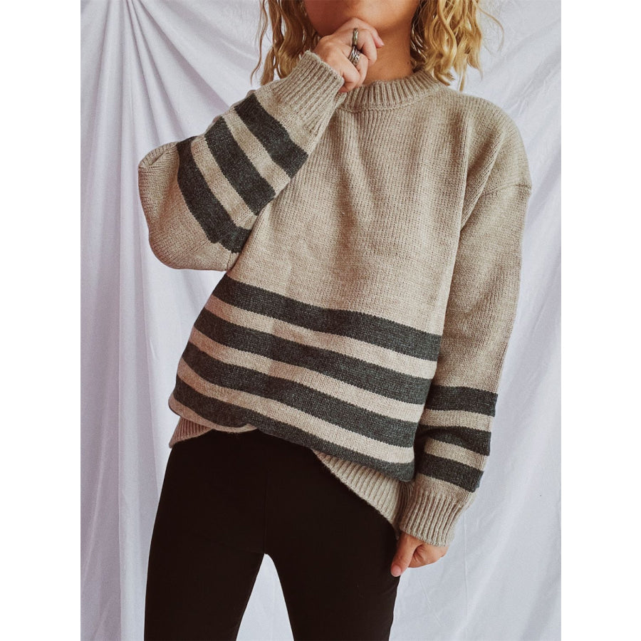 Striped Dropped Shoulder Long Sleeve Sweater Apparel and Accessories