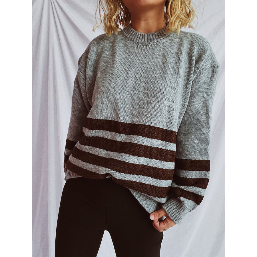 Striped Dropped Shoulder Long Sleeve Sweater Apparel and Accessories