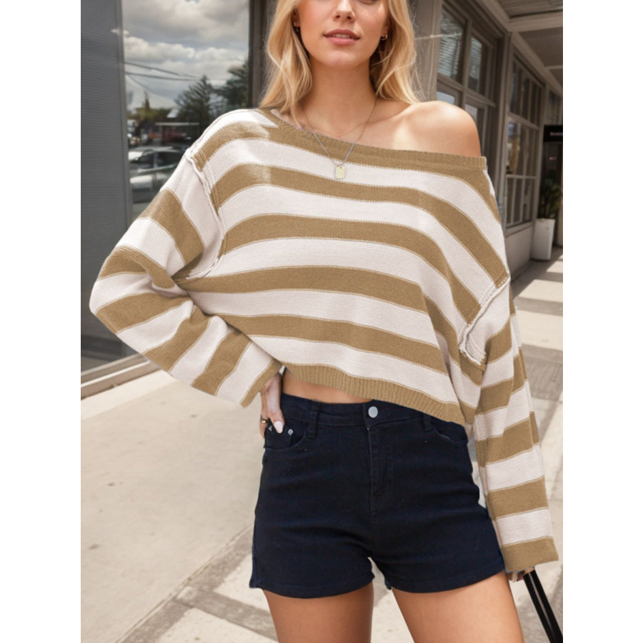 Striped Dropped Shoulder Long Sleeve Sweater Apparel and Accessories