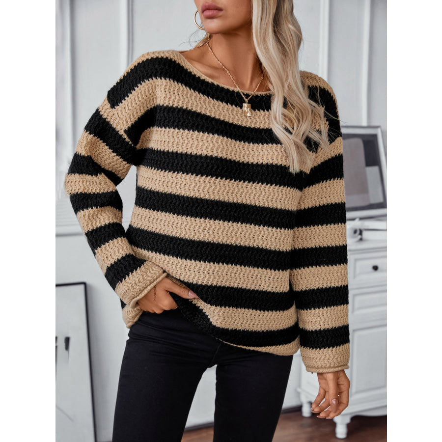 Striped Dropped Shoulder Long Sleeve Sweater Apparel and Accessories