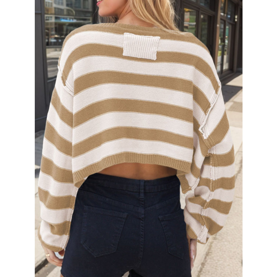 Striped Dropped Shoulder Long Sleeve Sweater Apparel and Accessories