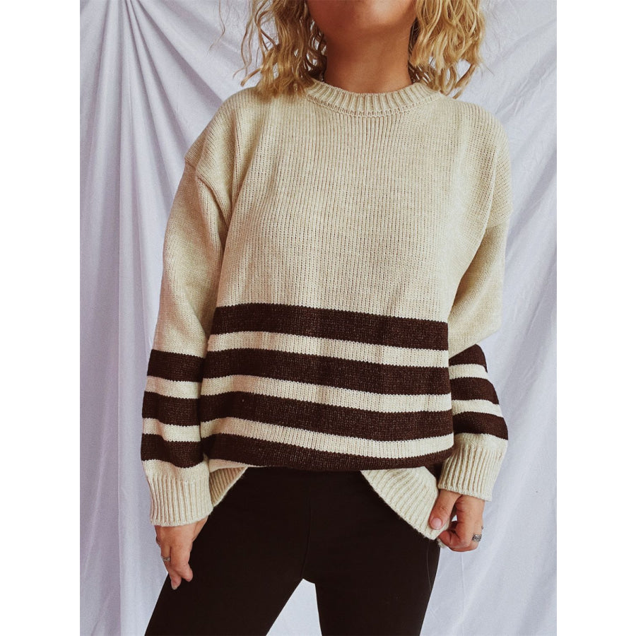 Striped Dropped Shoulder Long Sleeve Sweater Apparel and Accessories