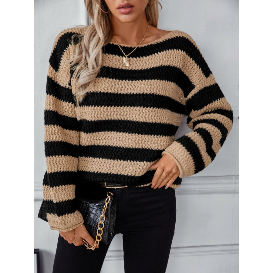 Striped Dropped Shoulder Long Sleeve Sweater Camel / S Apparel and Accessories