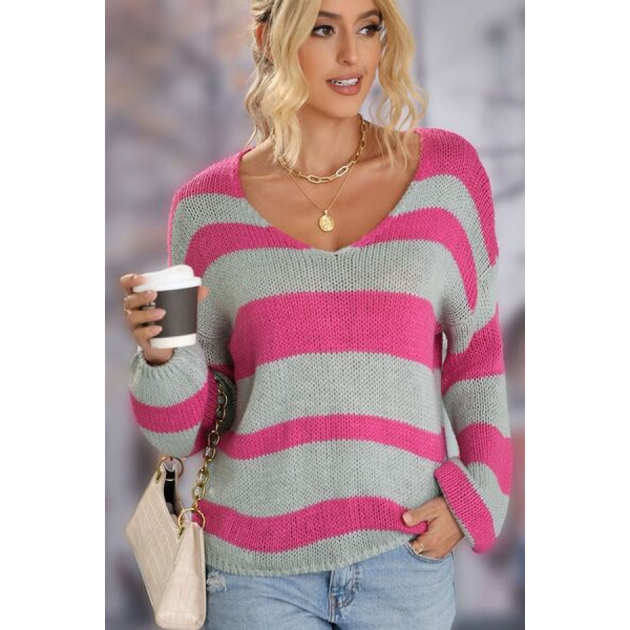 Striped Dropped Shoulder Long Sleeve Sweater Clothing