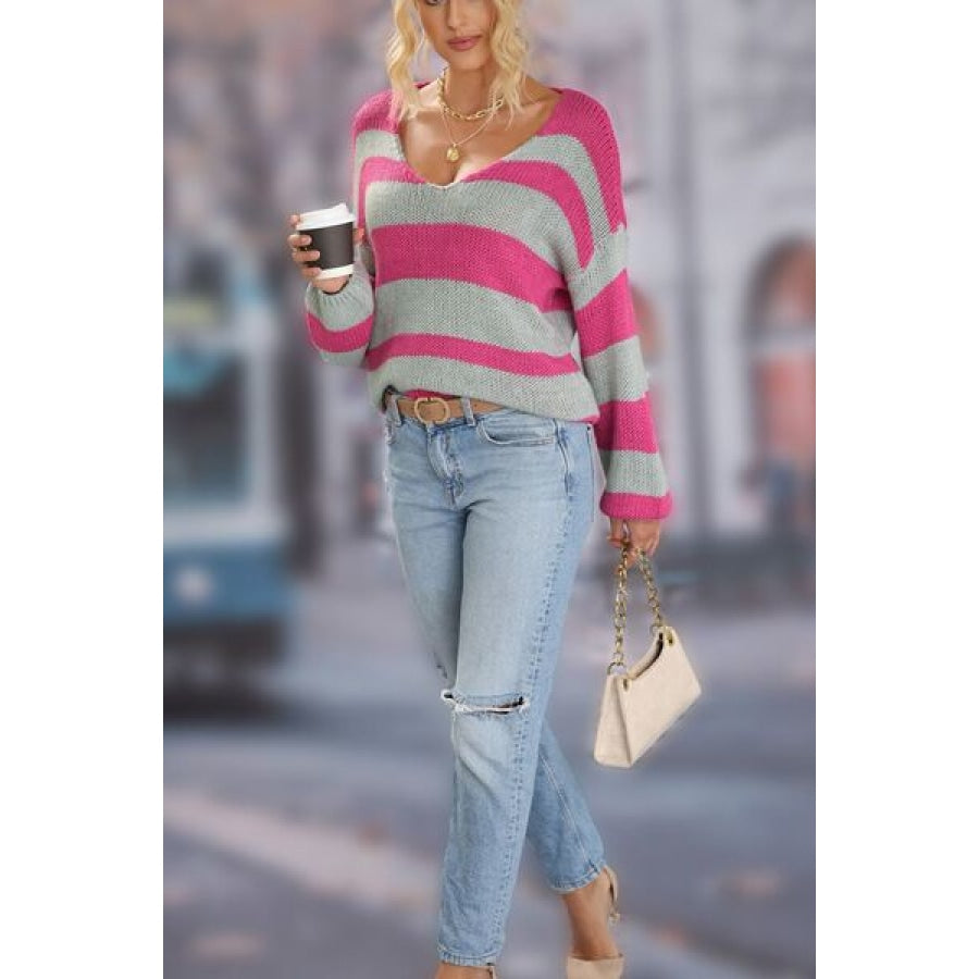 Striped Dropped Shoulder Long Sleeve Sweater Clothing