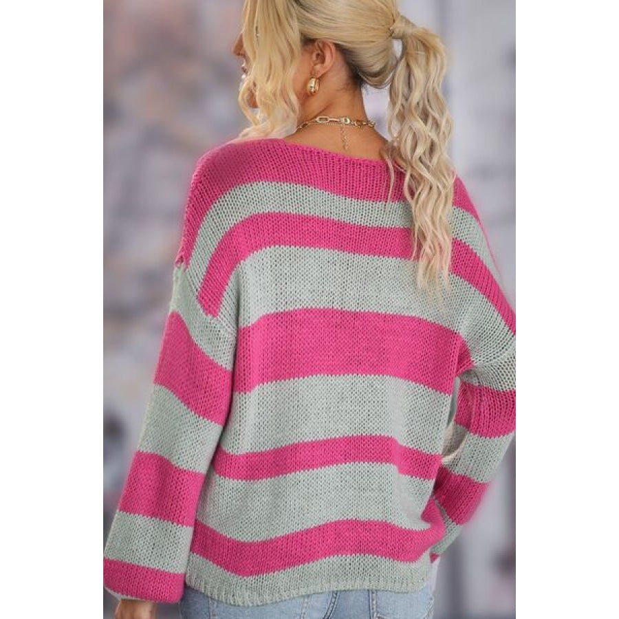 Striped Dropped Shoulder Long Sleeve Sweater Clothing