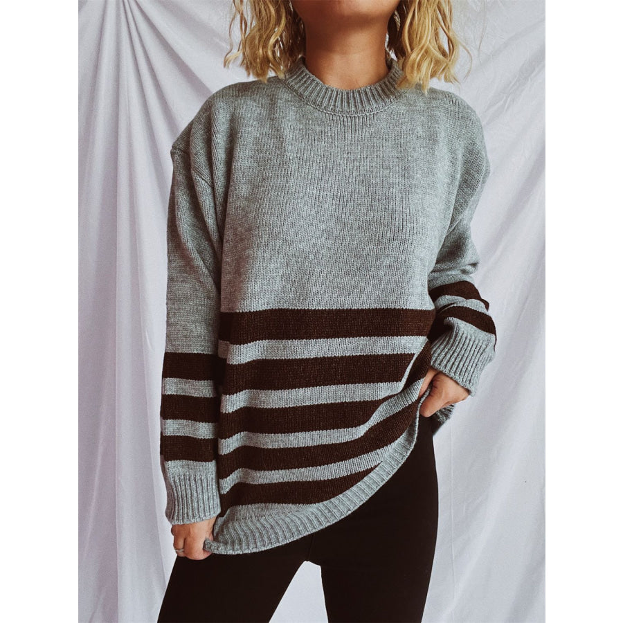 Striped Dropped Shoulder Long Sleeve Sweater Dark Gray / One Size Apparel and Accessories