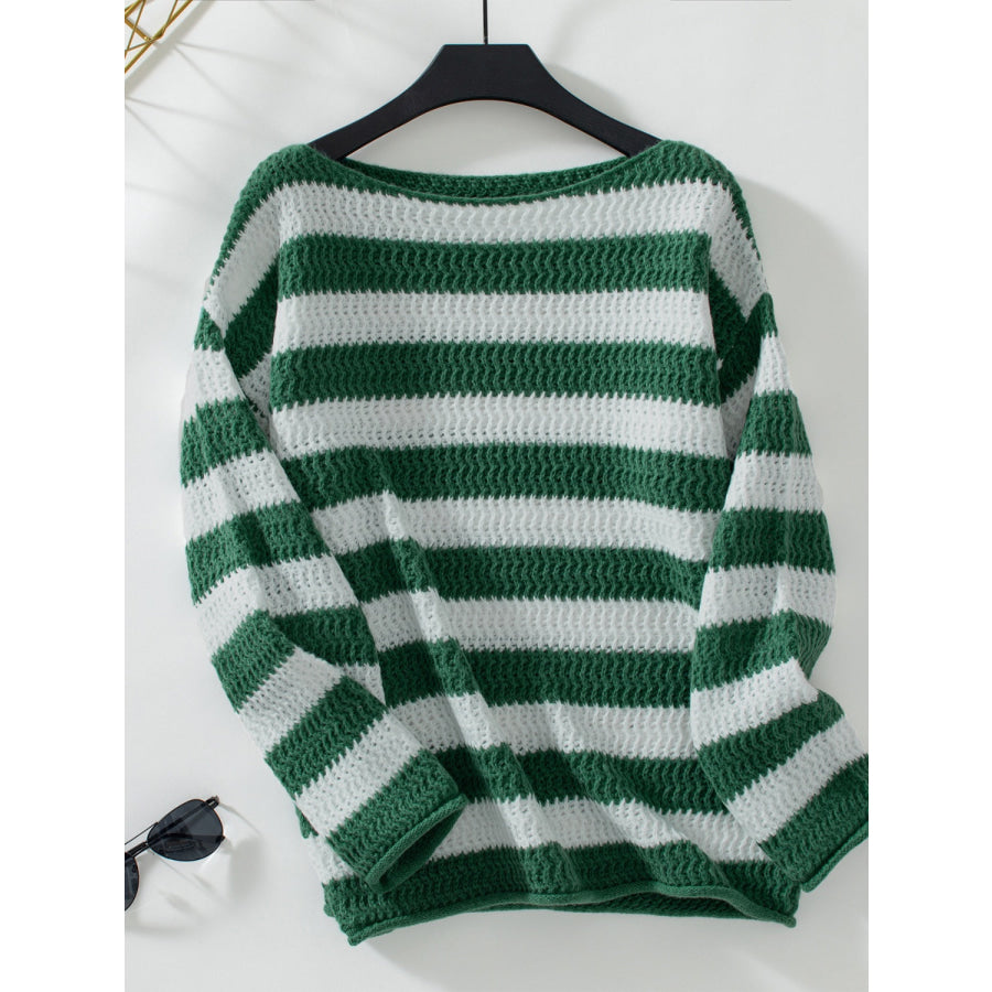 Striped Dropped Shoulder Long Sleeve Sweater Dark Green / S Apparel and Accessories