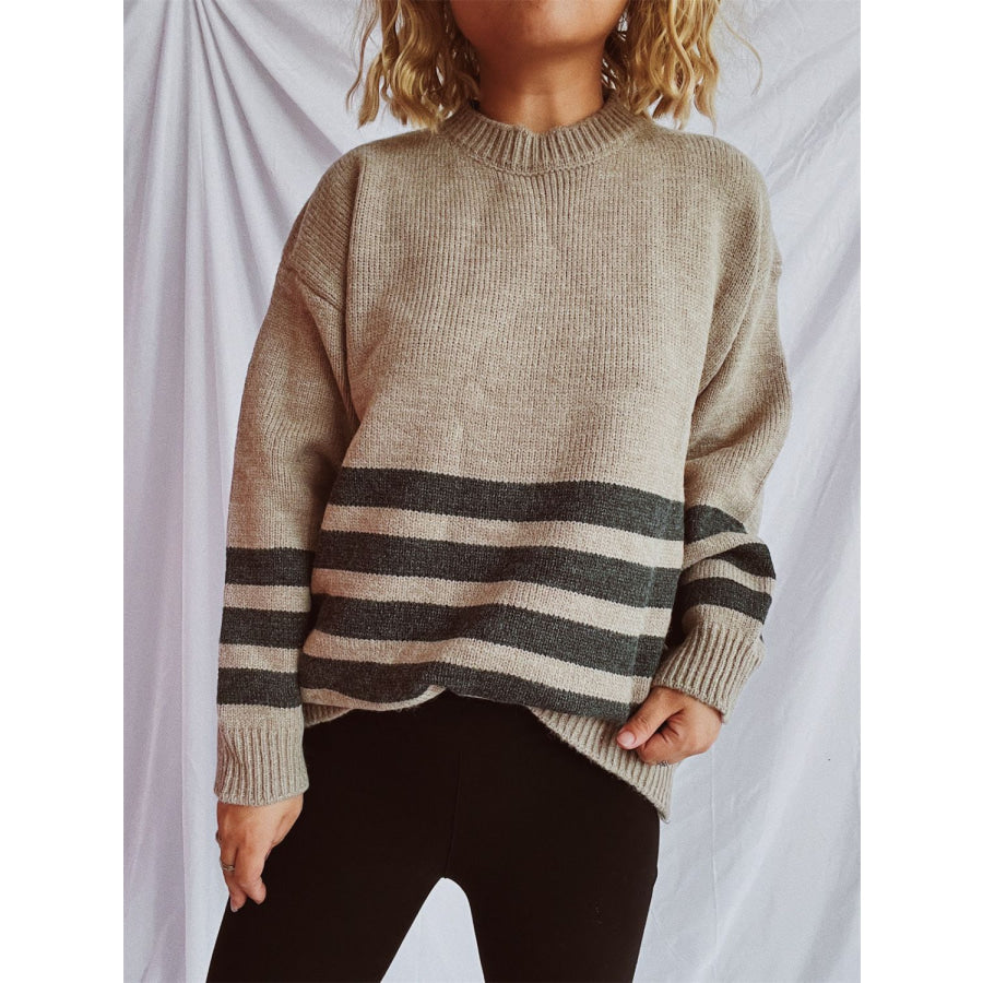 Striped Dropped Shoulder Long Sleeve Sweater Mocha / One Size Apparel and Accessories