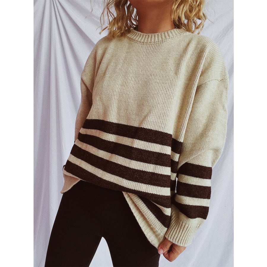 Striped Dropped Shoulder Long Sleeve Sweater Tan / One Size Apparel and Accessories