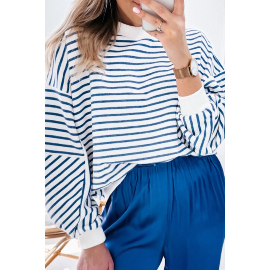 Striped Dropped Shoulder Long Sleeve Sweatshirt Peacock Blue / L Apparel and Accessories