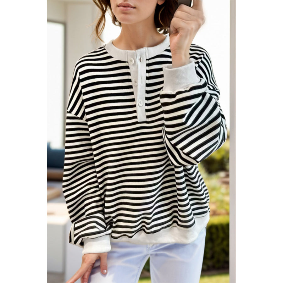 Striped Dropped Shoulder Long Sleeve Sweatshirt White / S Apparel and Accessories