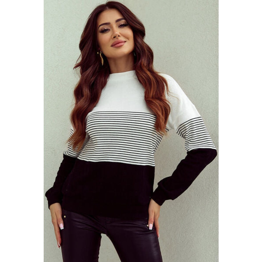 Striped Dropped Shoulder Long Sleeve T-Shirt White / S Clothing