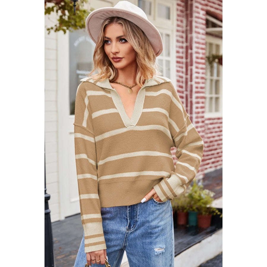 Striped Dropped Shoulder Notched Neck Knit Top Tan / S