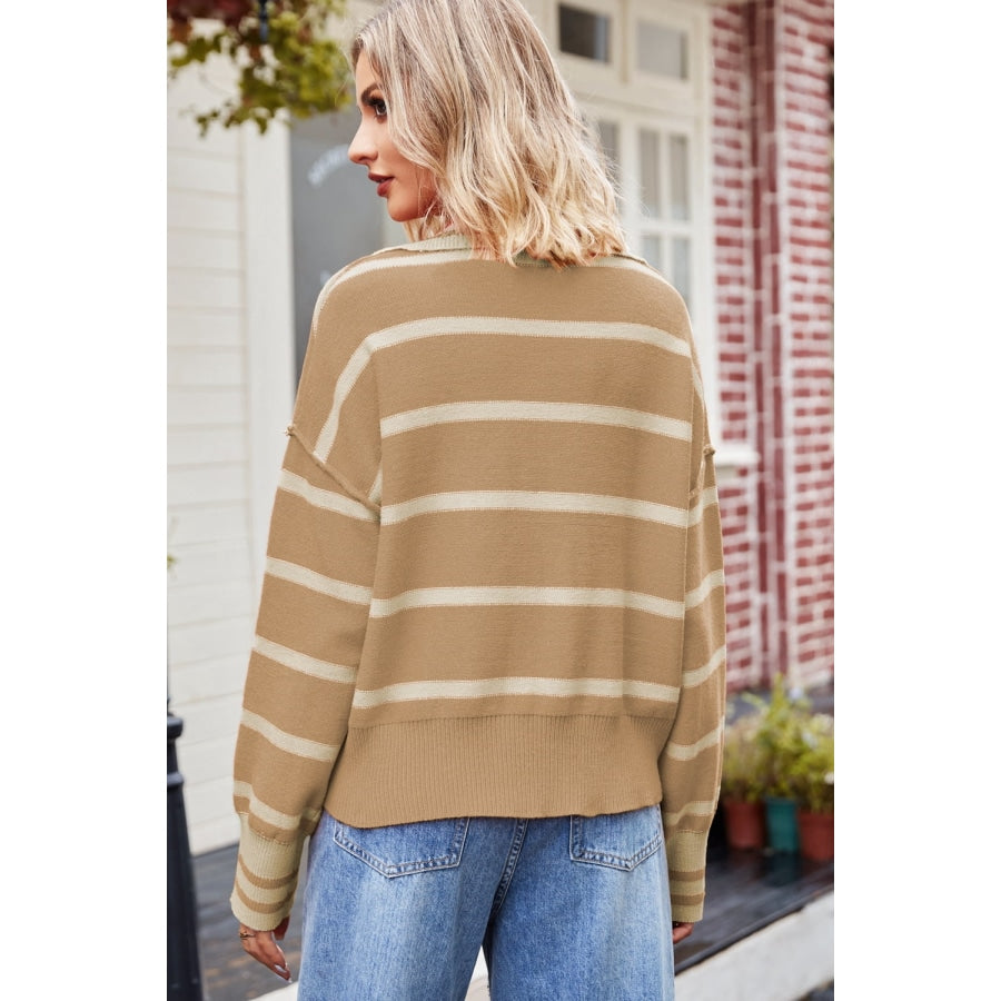 Striped Dropped Shoulder Notched Neck Knit Top