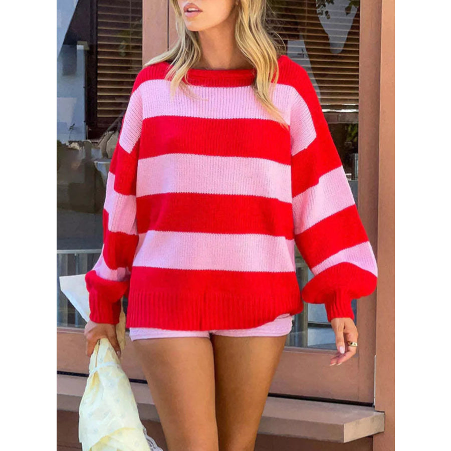Striped Dropped Shoulder Oversized Sweater Red / S Apparel and Accessories