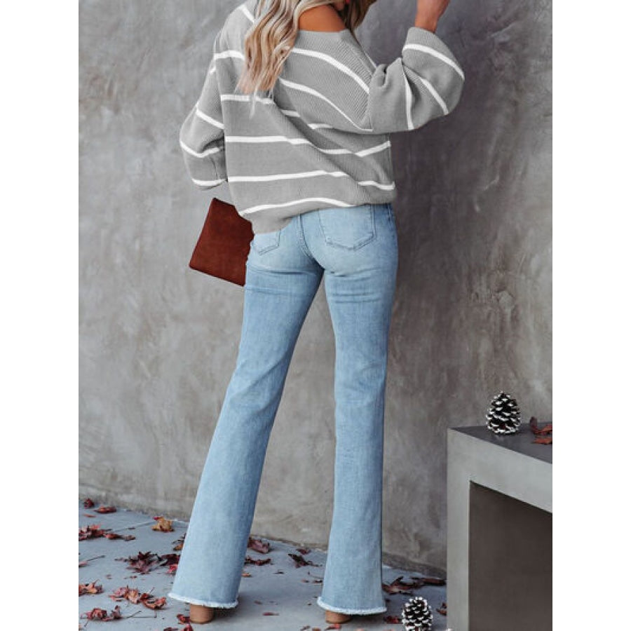 Striped Dropped Shoulder Pullover Sweater Heather Gray / S Clothing