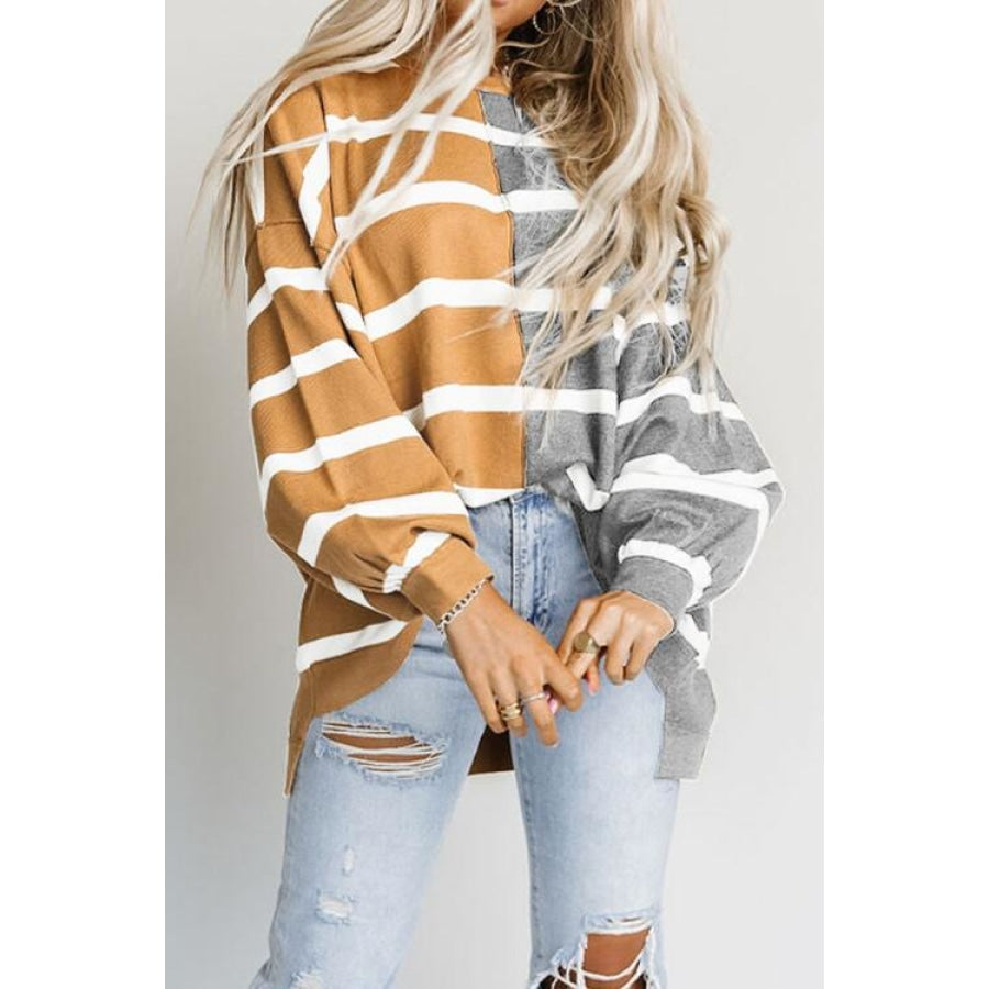 Striped Dropped Shoulder Round Neck Blouse Charcoal / S