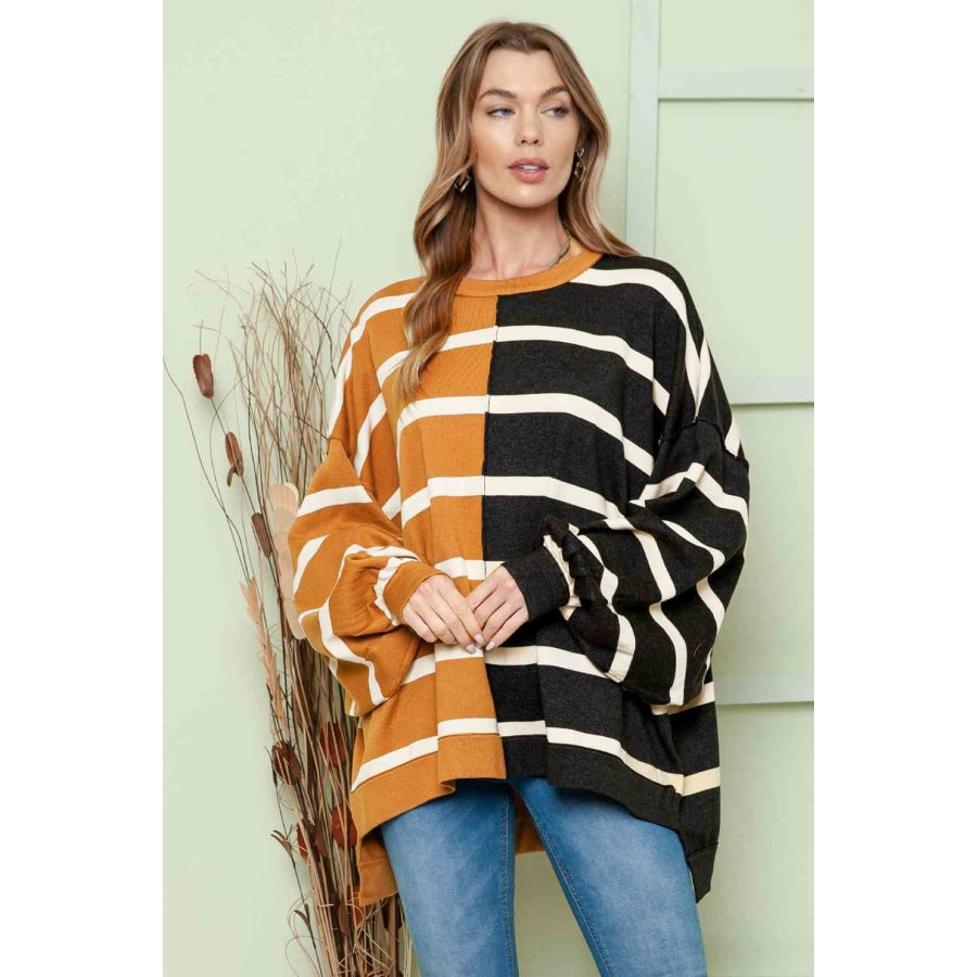 Striped Dropped Shoulder Round Neck Blouse