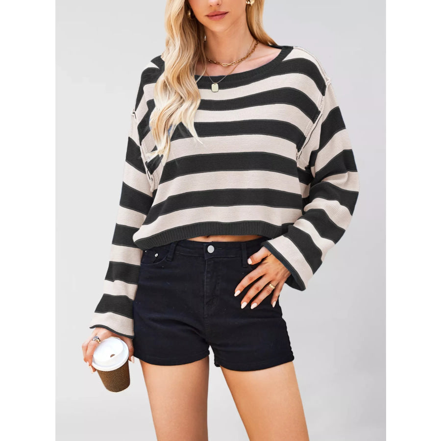 Striped Dropped Shoulder Sweater Black / S Apparel and Accessories