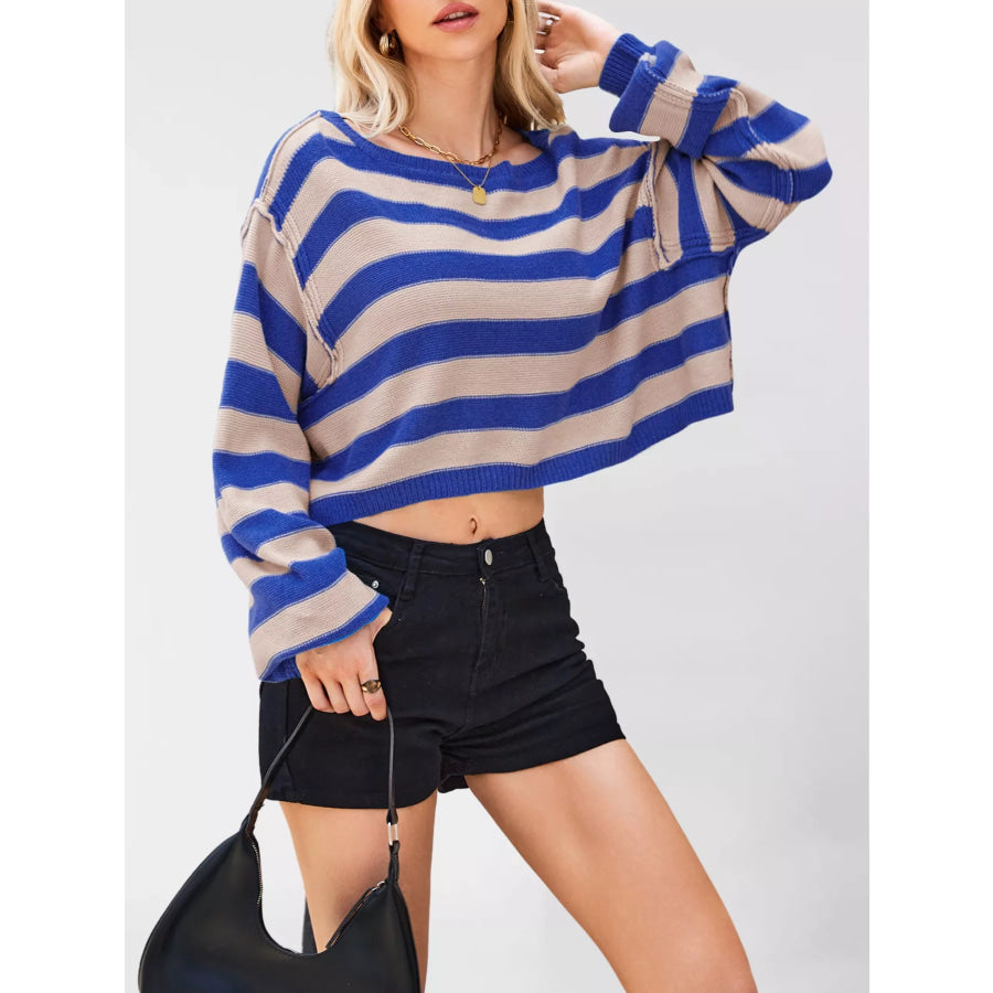 Striped Dropped Shoulder Sweater Blue / S Apparel and Accessories