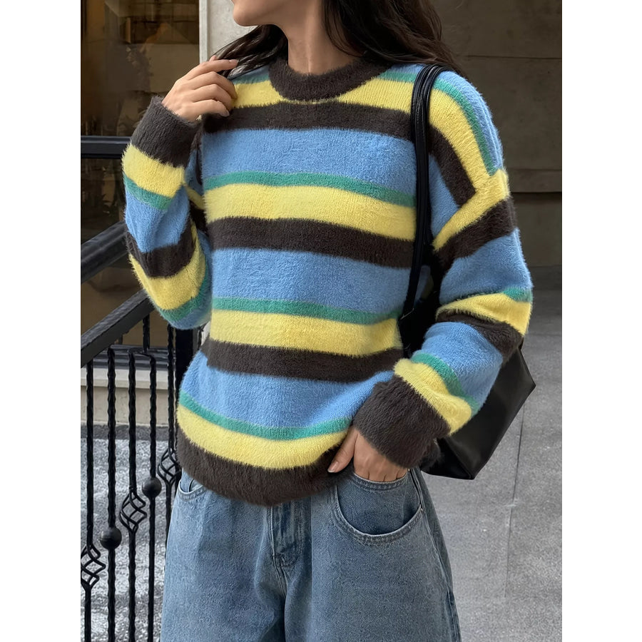 Striped Dropped Shoulder Sweater Blue / S Apparel and Accessories