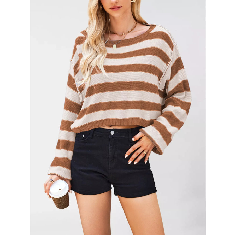 Striped Dropped Shoulder Sweater Brown / S Apparel and Accessories