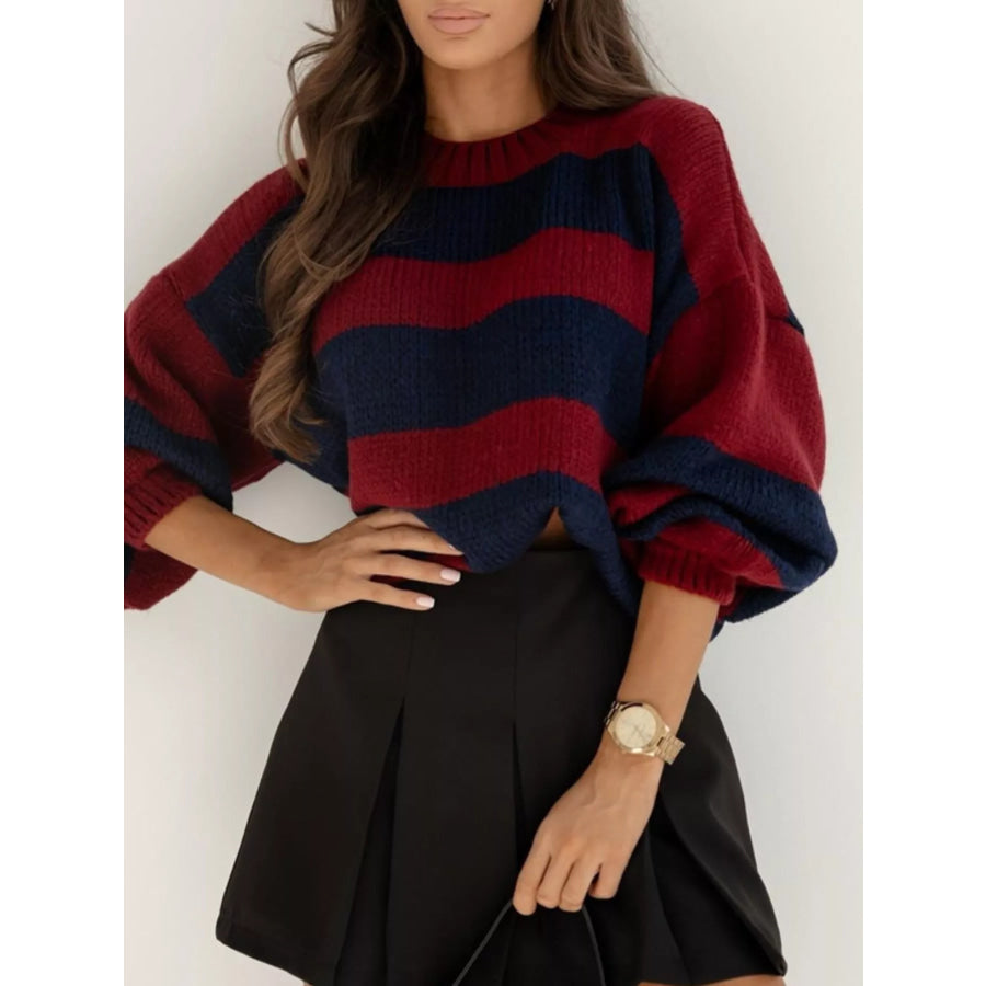 Striped Dropped Shoulder Sweater Burgundy Sapphire Blue / S Apparel and Accessories