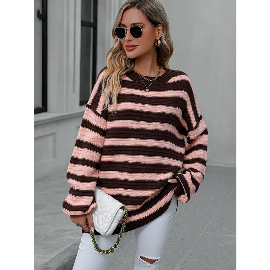 Striped Dropped Shoulder Sweater Burnt Coral / S