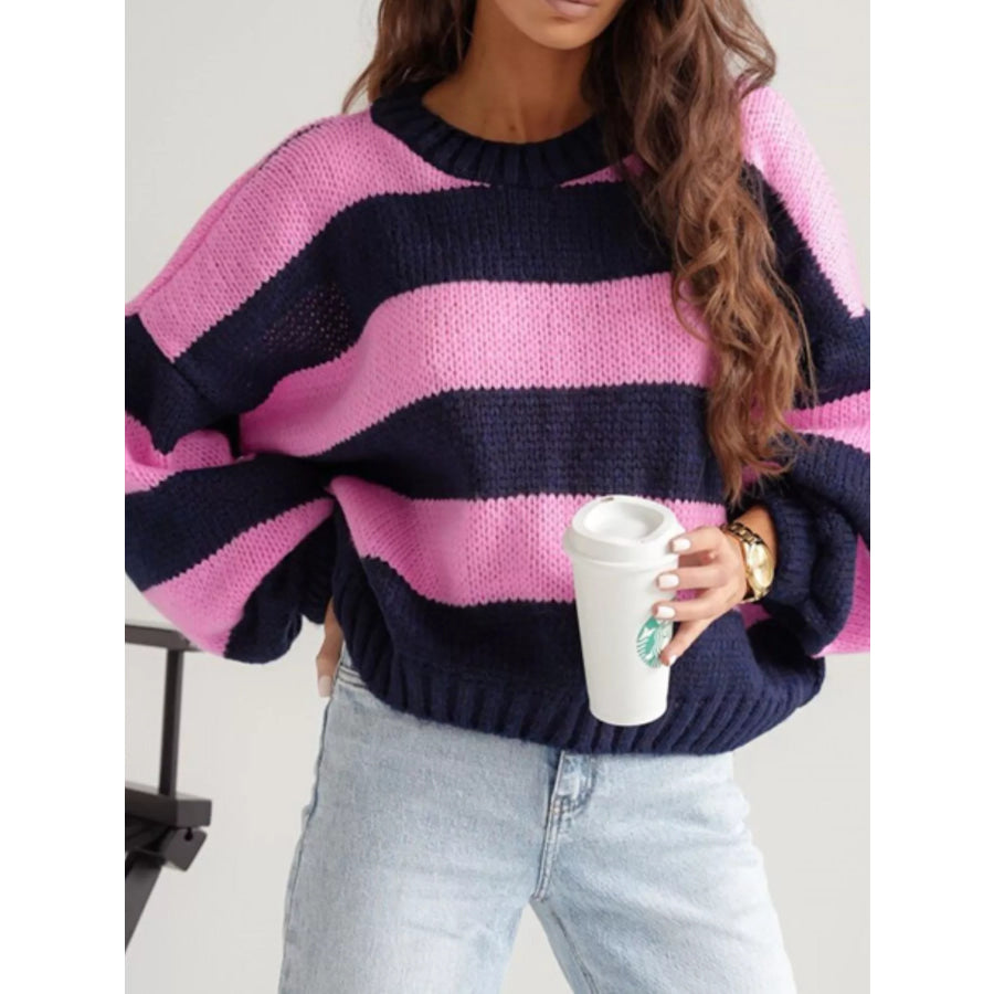 Striped Dropped Shoulder Sweater Coffee Powder / S Apparel and Accessories