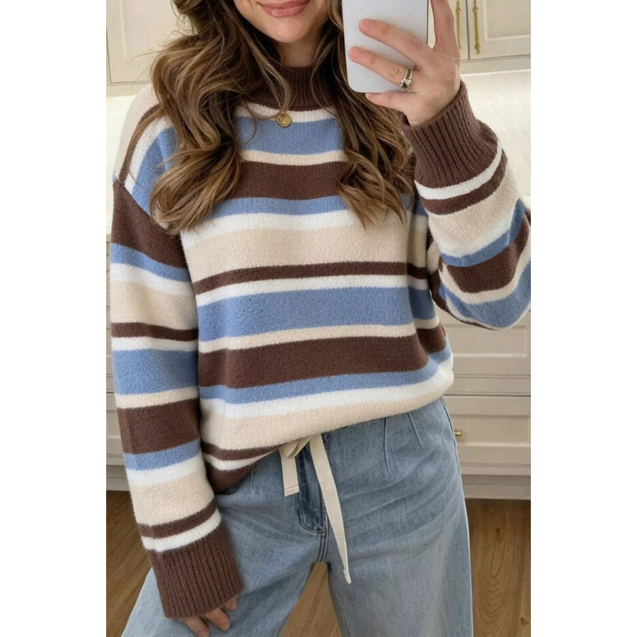 Striped Dropped Shoulder Sweater Dark Brown / S Apparel and Accessories