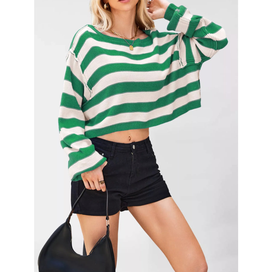 Striped Dropped Shoulder Sweater Green / S Apparel and Accessories