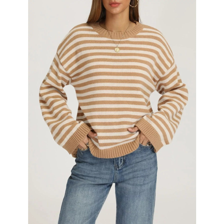 Striped Dropped Shoulder Sweater Khaki With White Apricot / S Apparel and Accessories