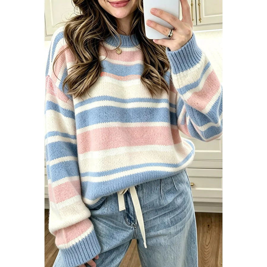 Striped Dropped Shoulder Sweater Light Blue / S Apparel and Accessories