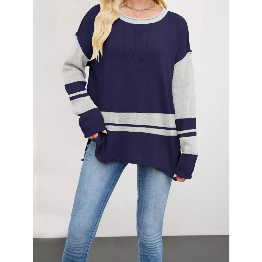 Striped Dropped Shoulder Sweater Navy Blue / S Apparel and Accessories