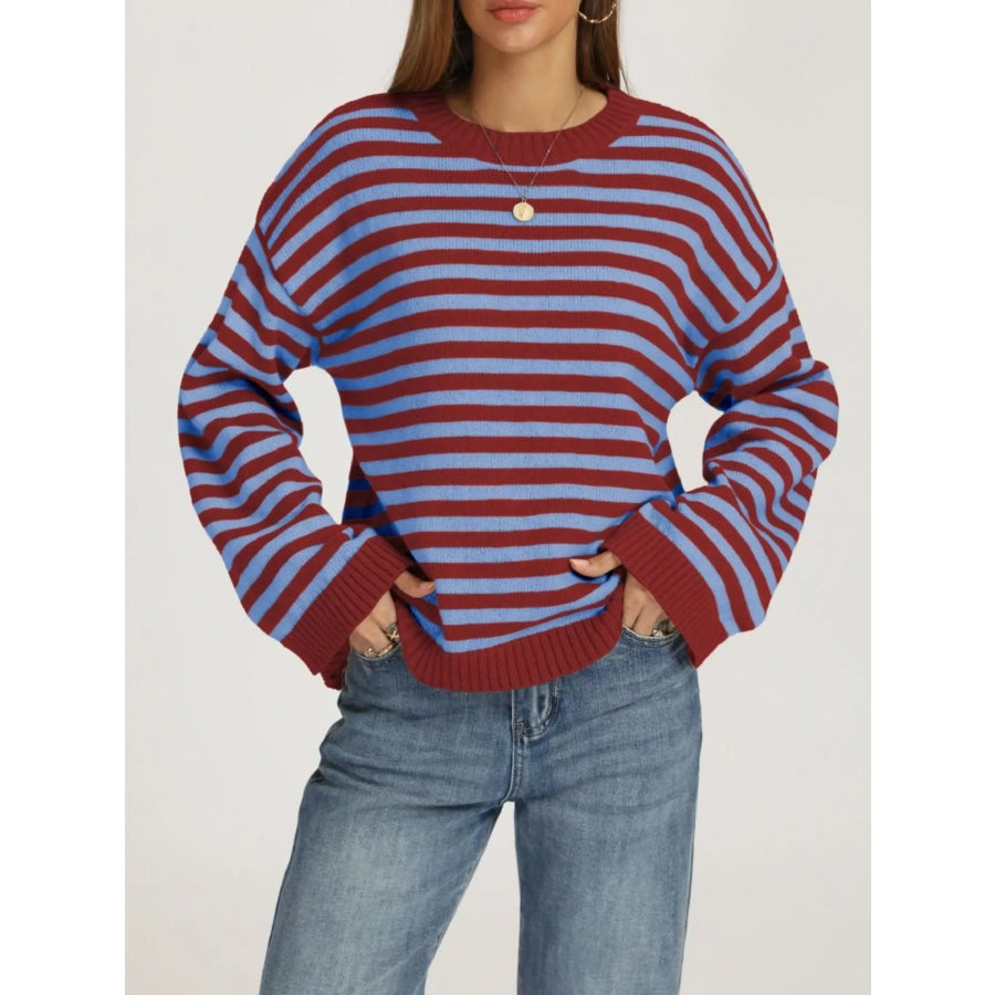 Striped Dropped Shoulder Sweater Red And Blue / S Apparel and Accessories